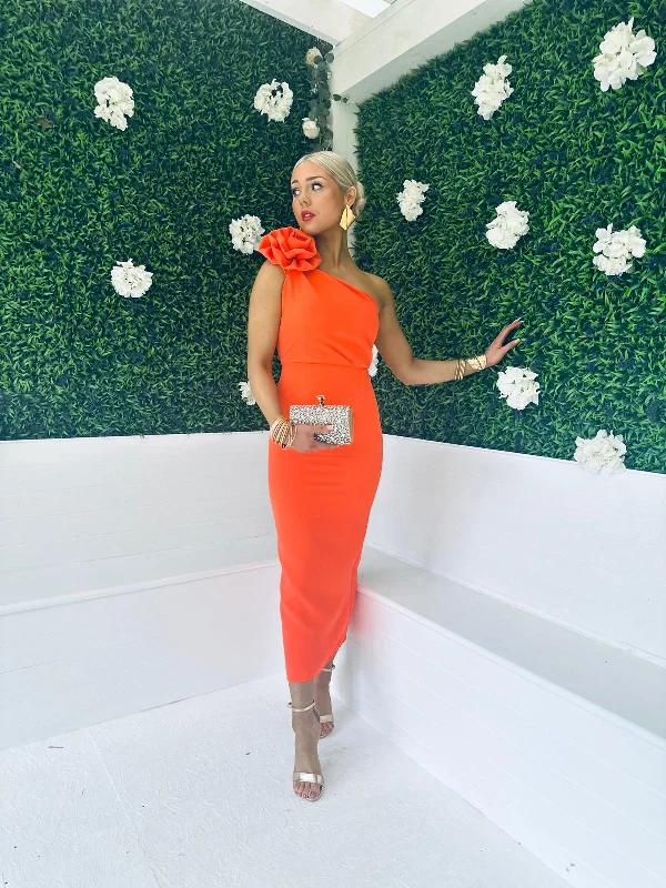 Chelsea Shoulder Occasion Midi Dress Orange