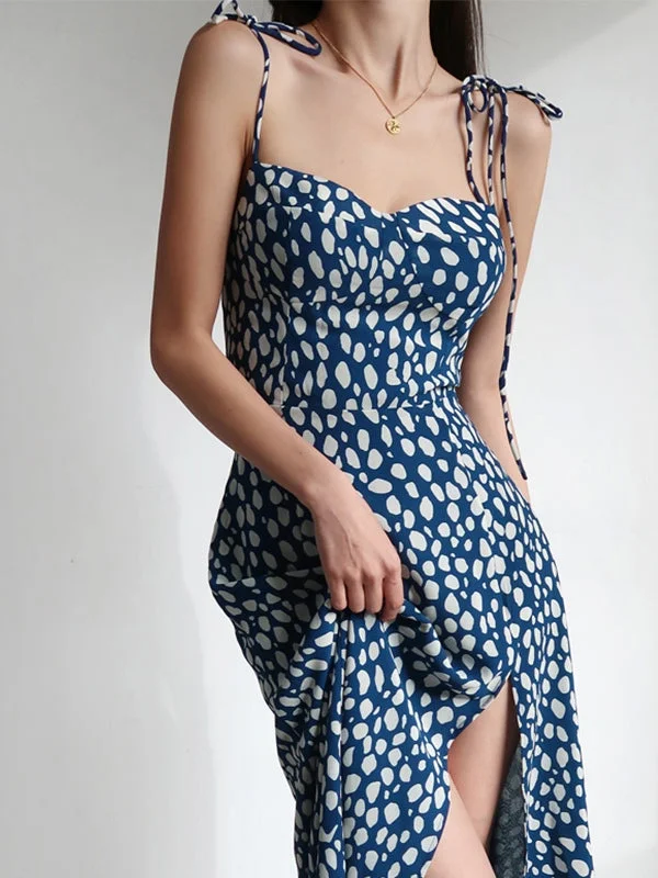 BerryBetty - Dalmatian Print Tie Strap Split Maxi Dress