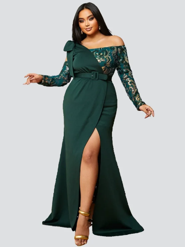 Plus Off Shoulder Emerald Green Gown PJM019L