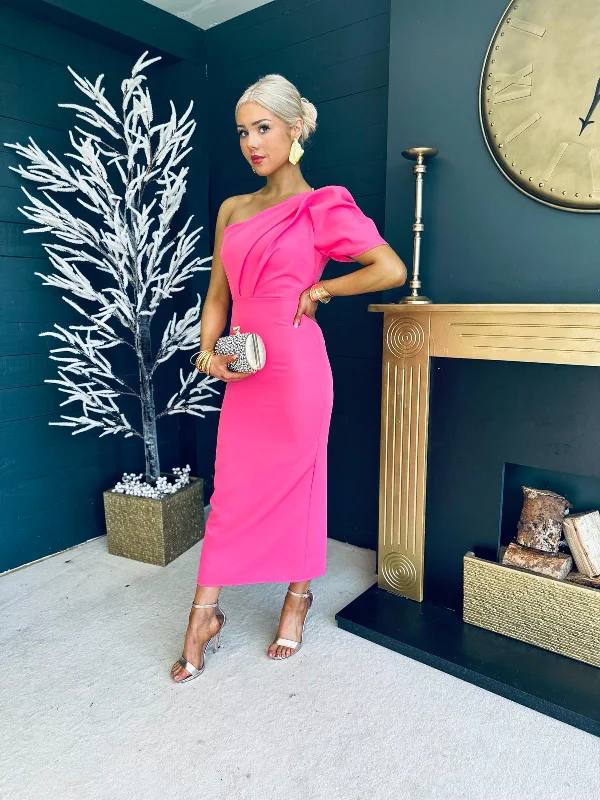 Rachel One Shoulder Occasion Midi Dress Pink