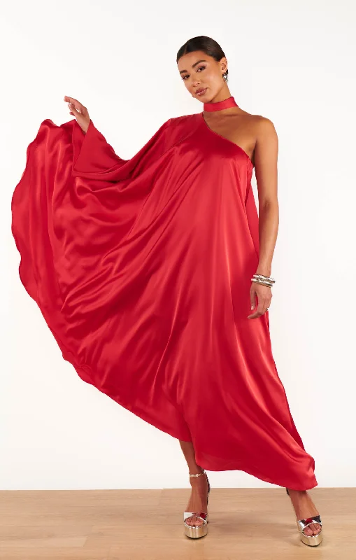 Rhea One Shoulder Dress ~ Red Luxe Satin