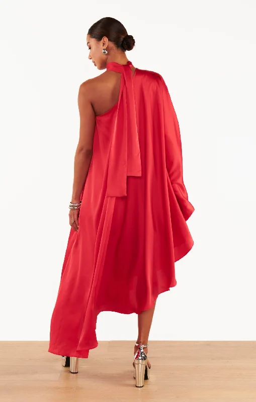 Rhea One Shoulder Dress ~ Red Luxe Satin