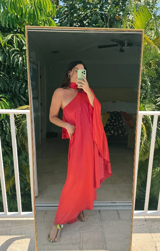 Rhea One Shoulder Dress ~ Red Luxe Satin