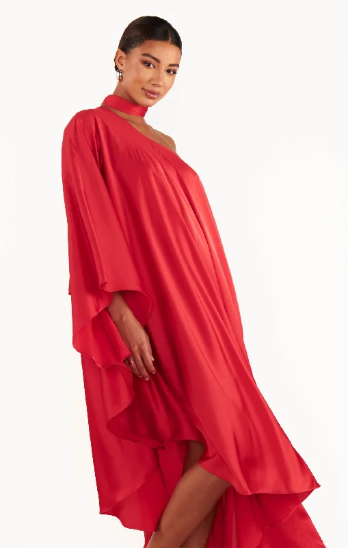 Rhea One Shoulder Dress ~ Red Luxe Satin