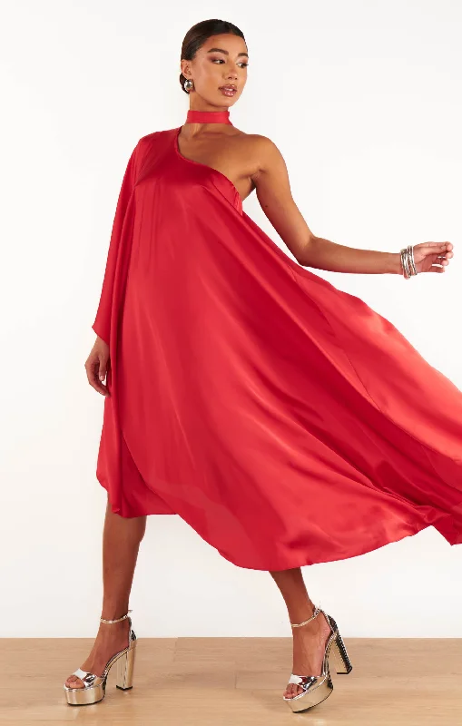 Rhea One Shoulder Dress ~ Red Luxe Satin