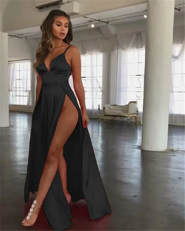 BerriesJam - 2024 Sexy Spaghetti Strap V-neck Satin Maxi Dress