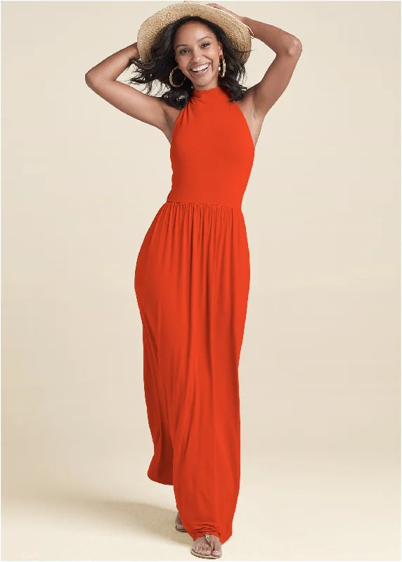 High Neck Maxi Dress - Tangerine Tango