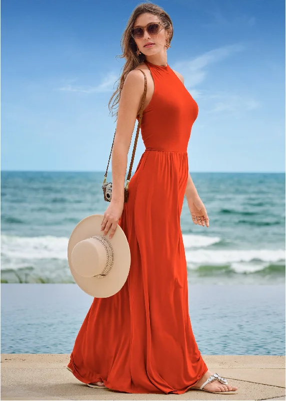 High Neck Maxi Dress - Tangerine Tango