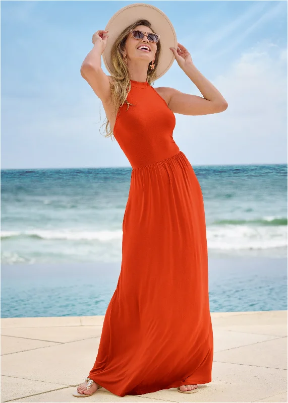 High Neck Maxi Dress - Tangerine Tango