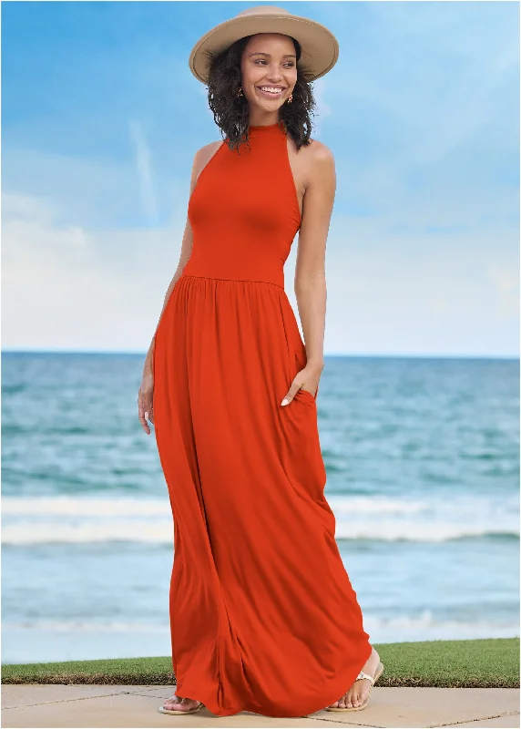 High Neck Maxi Dress - Tangerine Tango