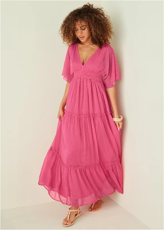 Flutter sleeve maxi dress - Hot Pink