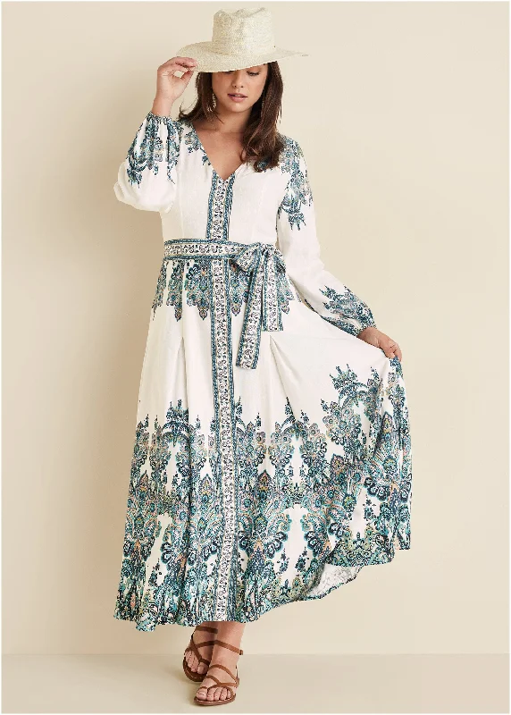 Tie-waist maxi dress - White Multi