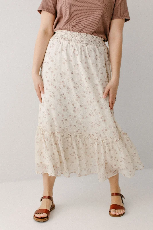 'Anaise' Smocked Waist Floral Chiffon Midi Skirt in Alabaster