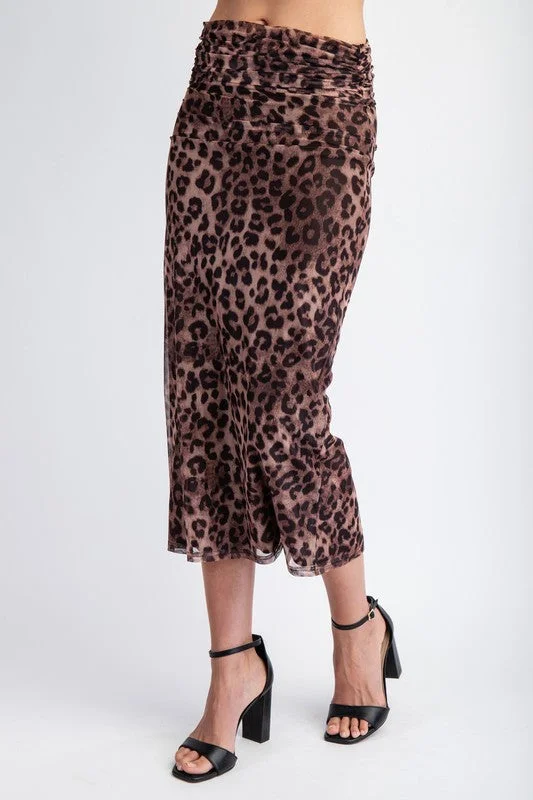 Angela Leopard Print Mesh Midi Skirt Brown