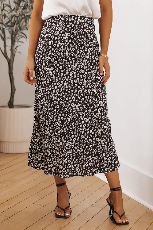 Black Floral Print Midi Skirt