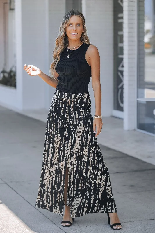 Black Multi Print Midi Skirt