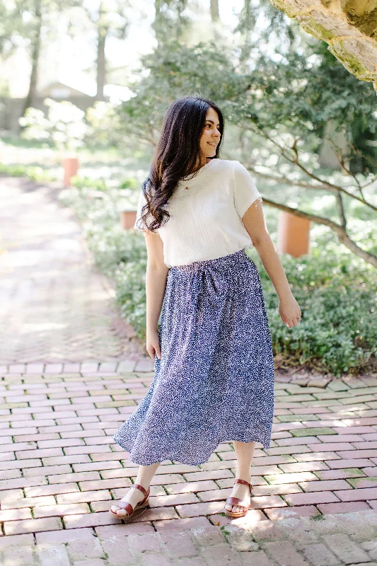 'Bonita' Floral Tie Waist Midi Skirt in Navy