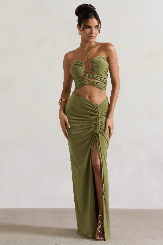 Cabo | Olive Ruched Split Maxi Skirt