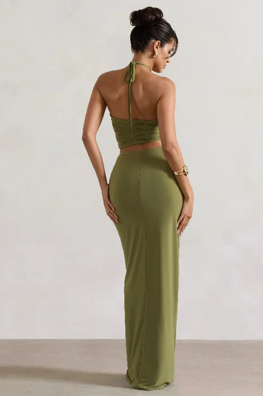 Cabo | Olive Ruched Split Maxi Skirt