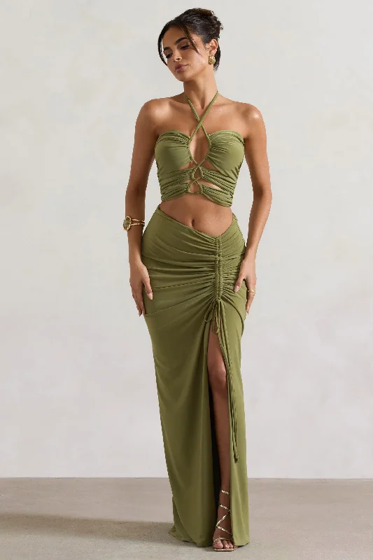 Cabo | Olive Ruched Split Maxi Skirt