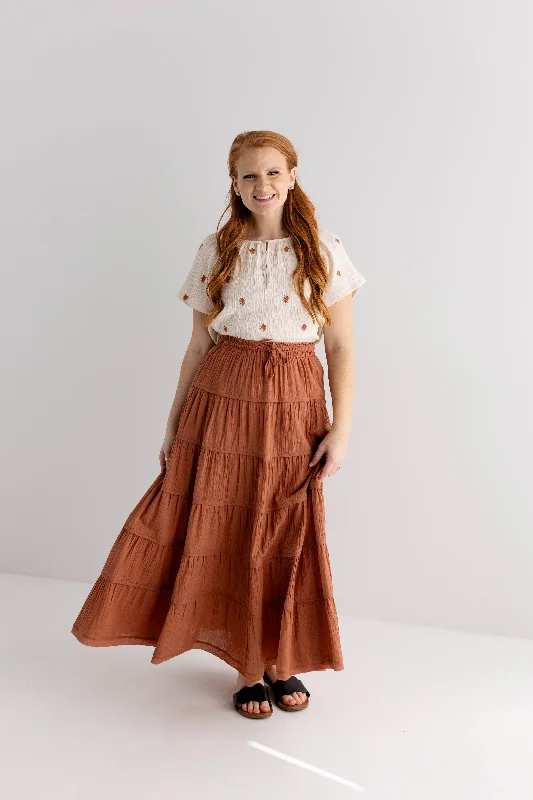 'Canyon' Tiered Cotton Maxi Skirt in Terracotta