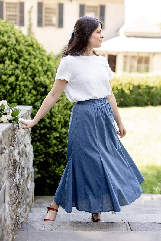 'Celia' Godet Flared Midi Skirt in Dusty Blue