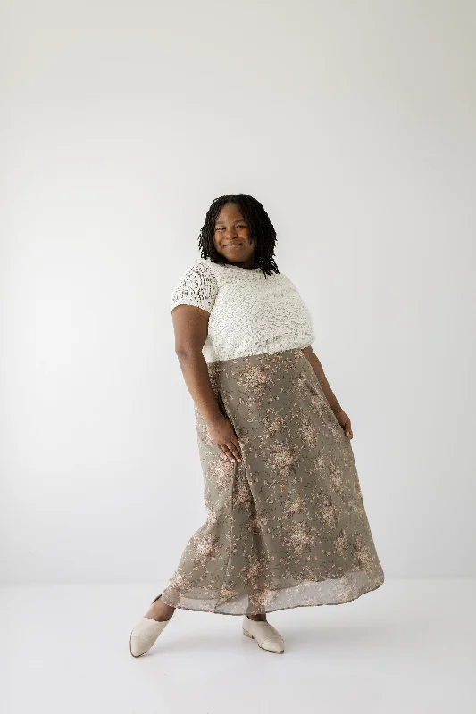 'Evangeline' Floral Print Midi Skirt in Moss