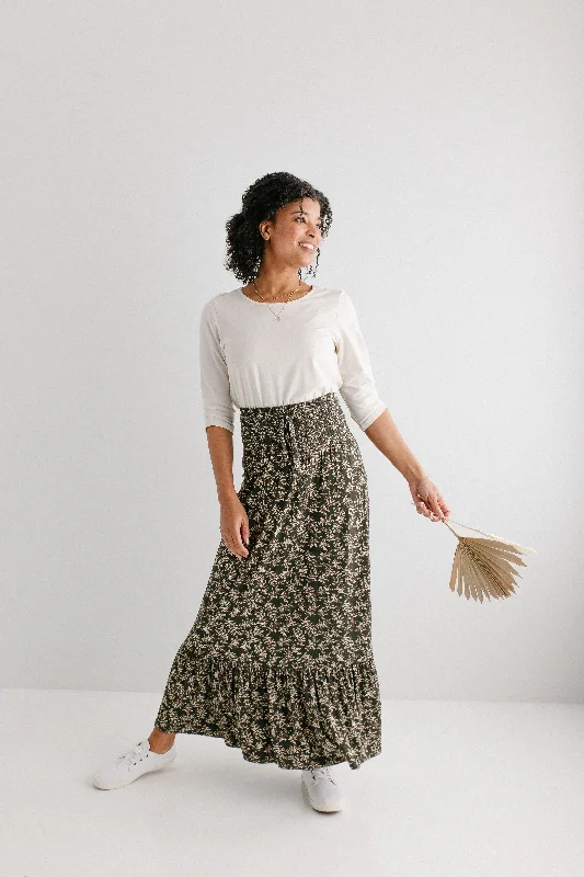 'Ivy' Smocked Waist Botanical Print Maxi Skirt