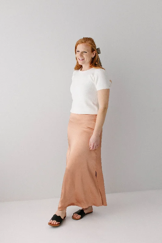 'Jolie' Stretch Satin Midi Skirt in Light Copper