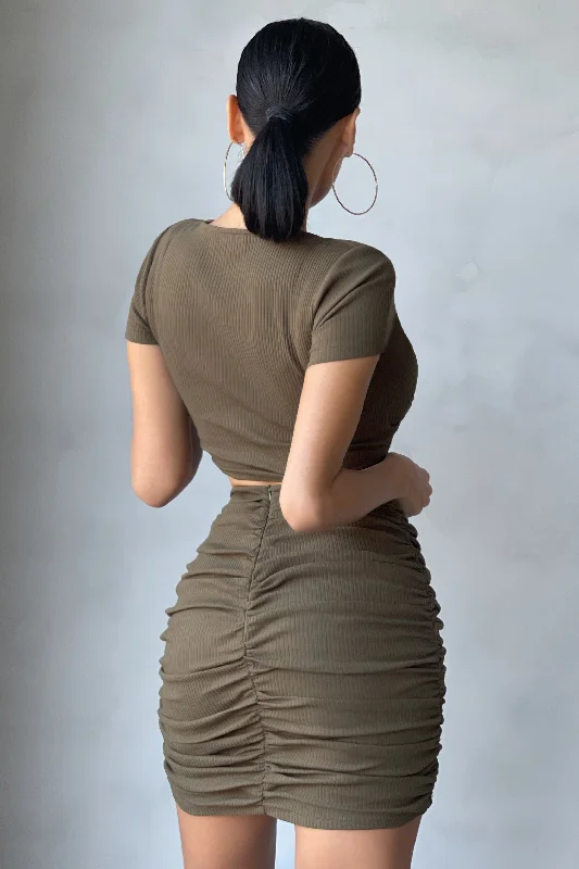 Fast Lane | Khaki Ribbed Bodycon Mini Skirt