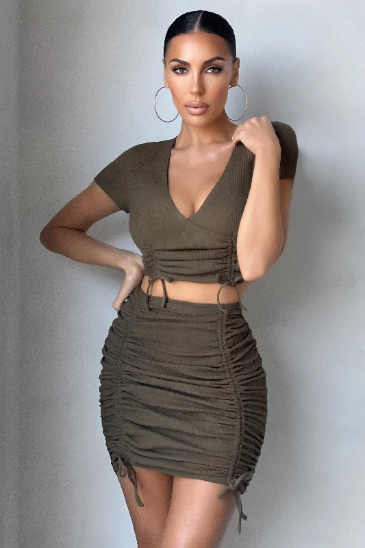 Fast Lane | Khaki Ribbed Bodycon Mini Skirt