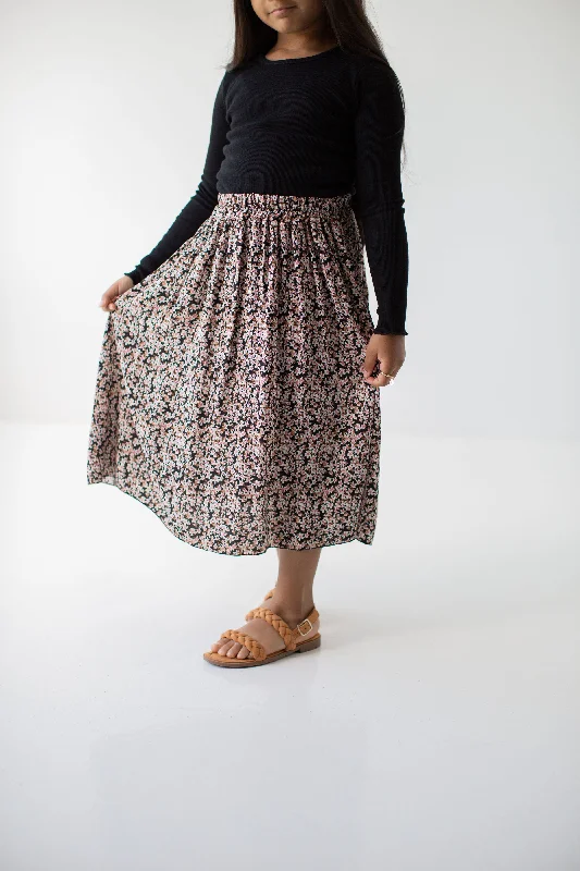 'Kiara' Girl Ditsy Floral Midi Skirt in Black