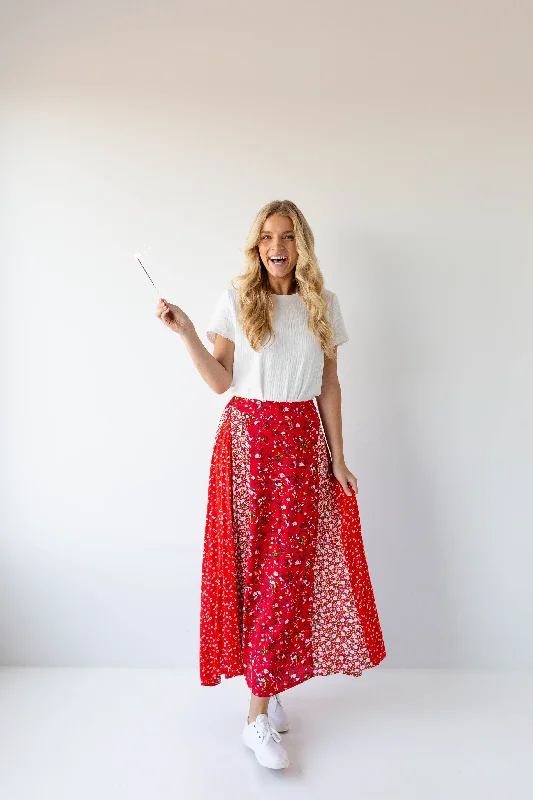 'Liberty' Floral Contrast Maxi Skirt in Red