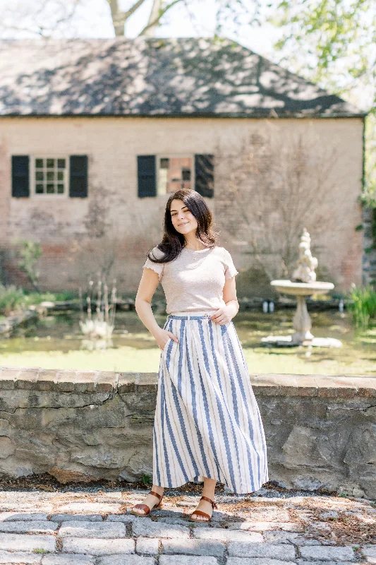 'Liesel' Chambray Stripe Cotton Midi Skirt in Natural