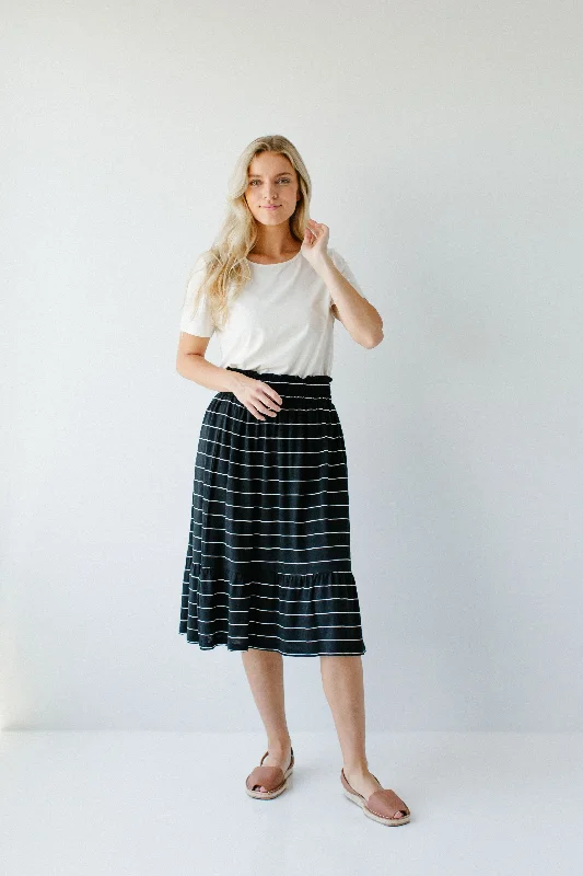 'Lorna' Cotton Blend Striped Midi Skirt in Black