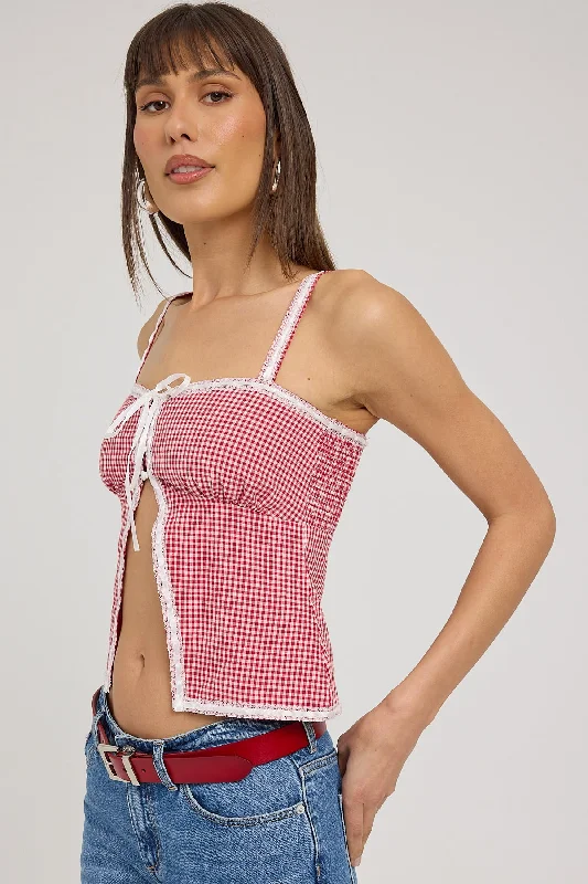 Luck & Trouble Chiara Gingham Lace Top Red Gingham