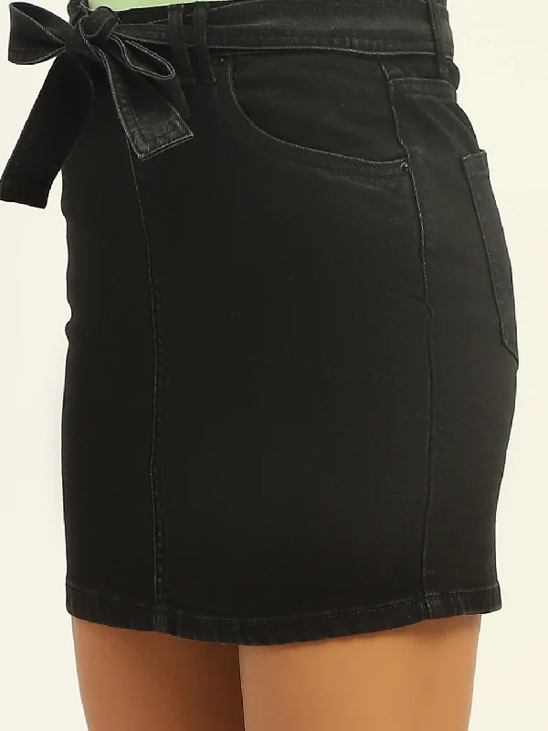 Madame Belted Black Denim Mini Skirt