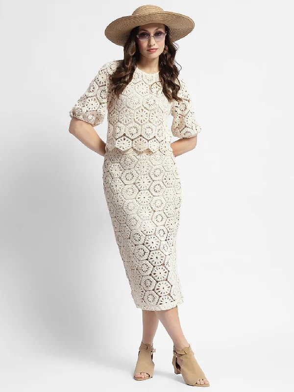 Madame High Rise Beige Crochet Pencil Skirt