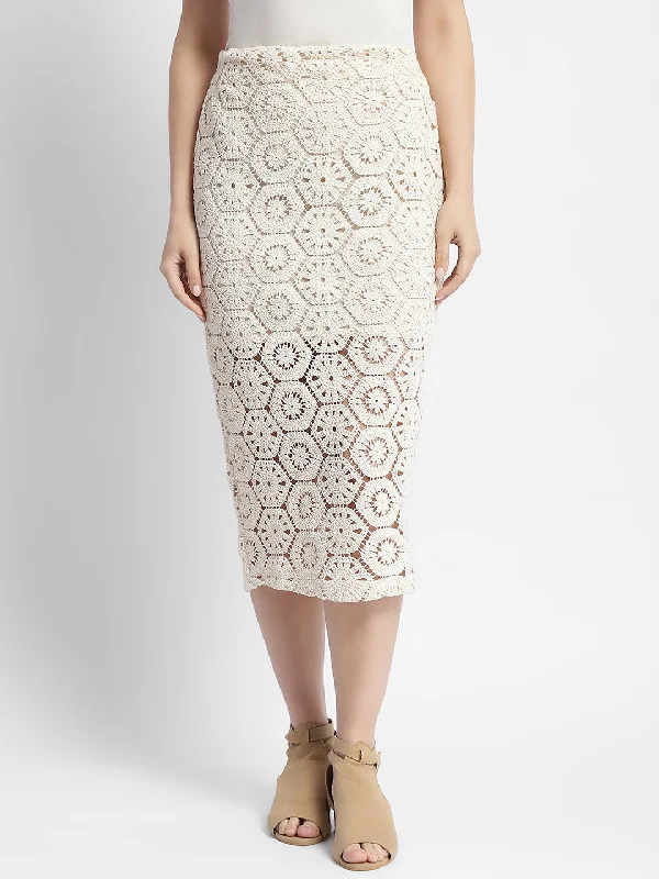 Madame High Rise Beige Crochet Pencil Skirt