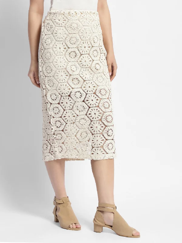 Madame High Rise Beige Crochet Pencil Skirt