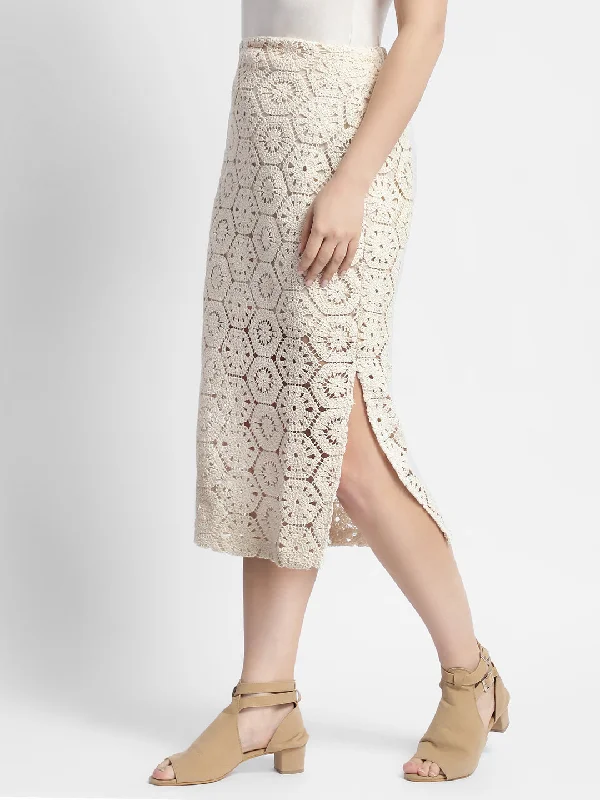 Madame High Rise Beige Crochet Pencil Skirt