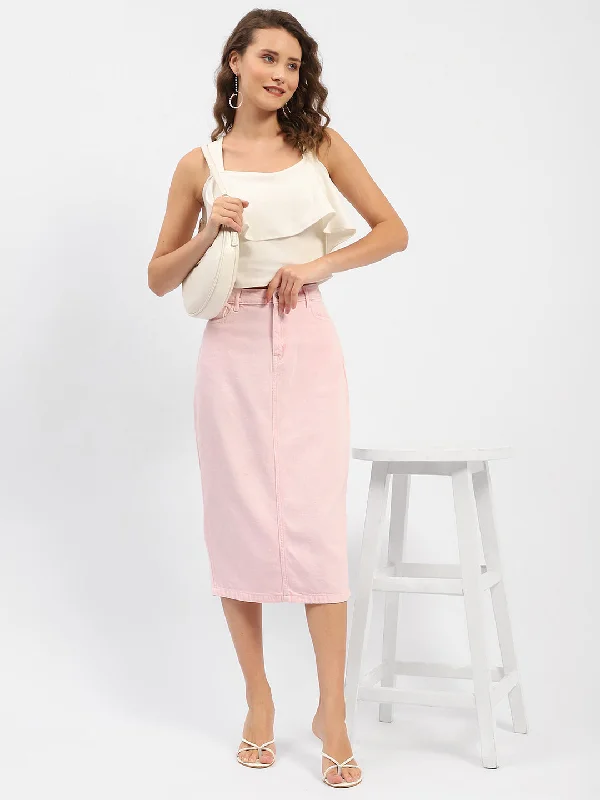 Madame Back Slit Pink Denim Skirt