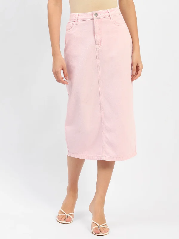 Madame Back Slit Pink Denim Skirt