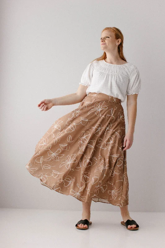 'Meadow' Abstract Floral Flared Midi Skirt in Mocha