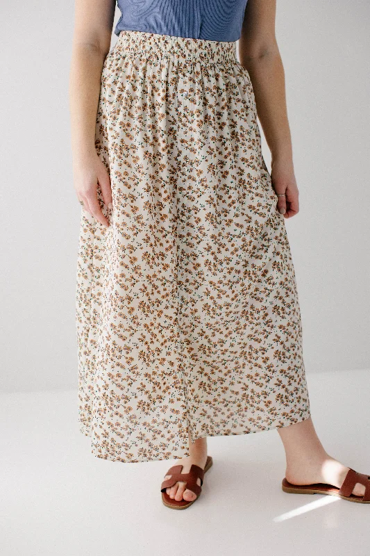 'Nellie' Floral Print Button Detail Skirt in Cream