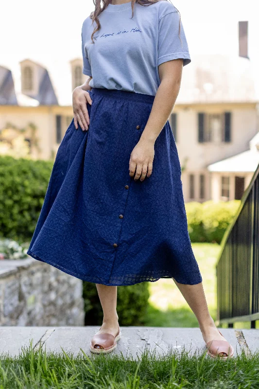 'Reva' Side Button Detail Midi Skirt in Navy