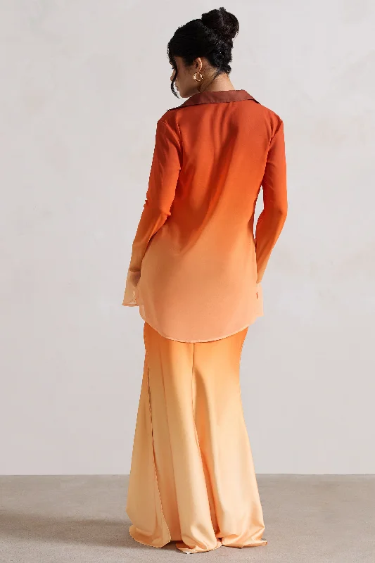 Serita | Orange Ombre Satin Split Maxi Skirt