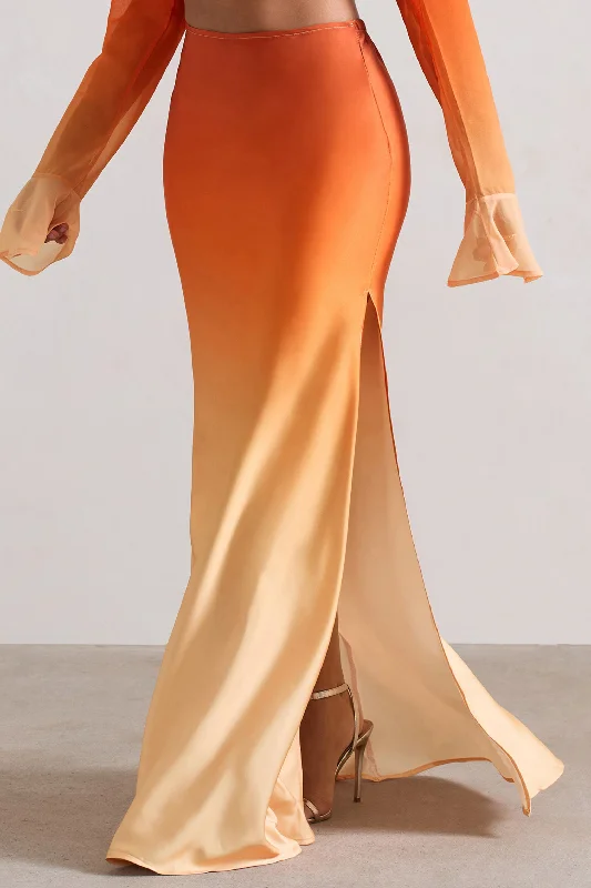 Serita | Orange Ombre Satin Split Maxi Skirt