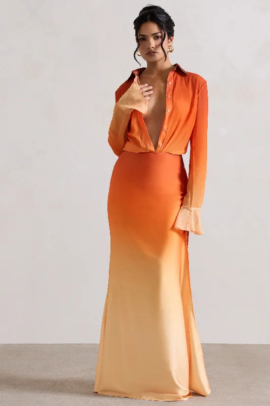 Serita | Orange Ombre Satin Split Maxi Skirt