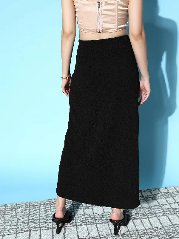 Berrylush Women Solid Black High-Rise Waist Asymmetrical Hem Pleated Maxi Skirt